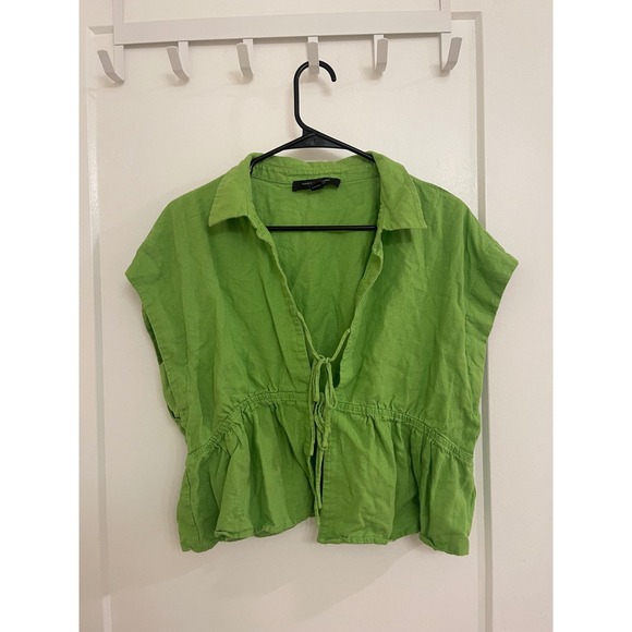 Tops - Linen Blend Lime Green Beachy Boho Tie Blouse Cover Vacation